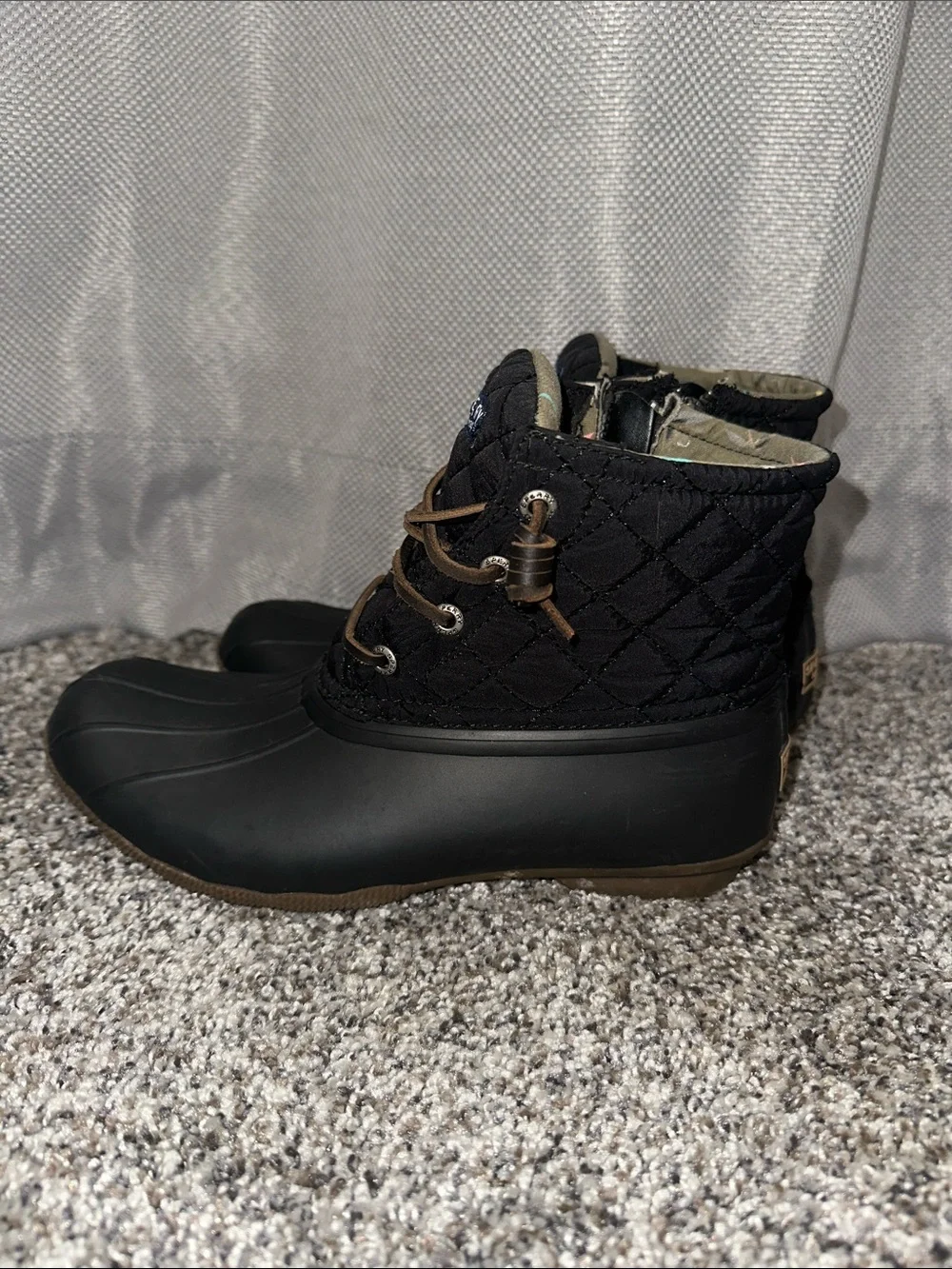 Sperry Black Quilted Duck Rain Boots with Brown Laces